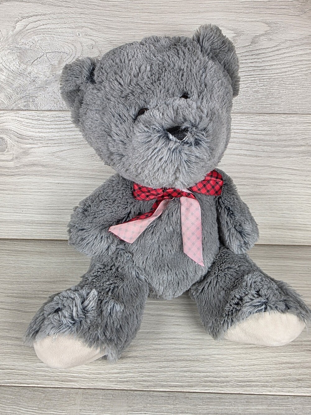 Hugfun Plush Gray Teddy Bear w Checkered RedBow, 13" SU33
